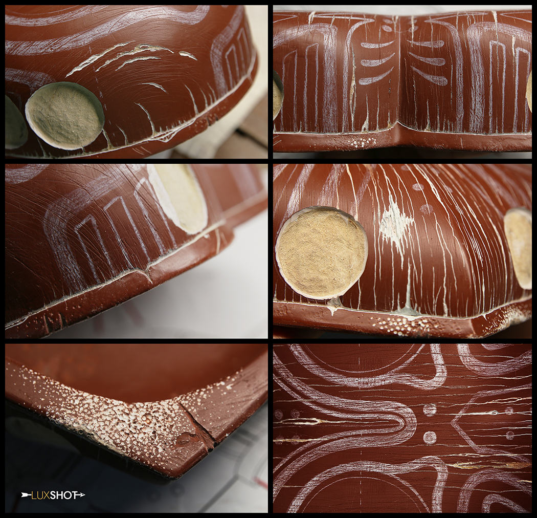 A preview of some of the wooden and rusty metal details made to the mask to make it look ancient.