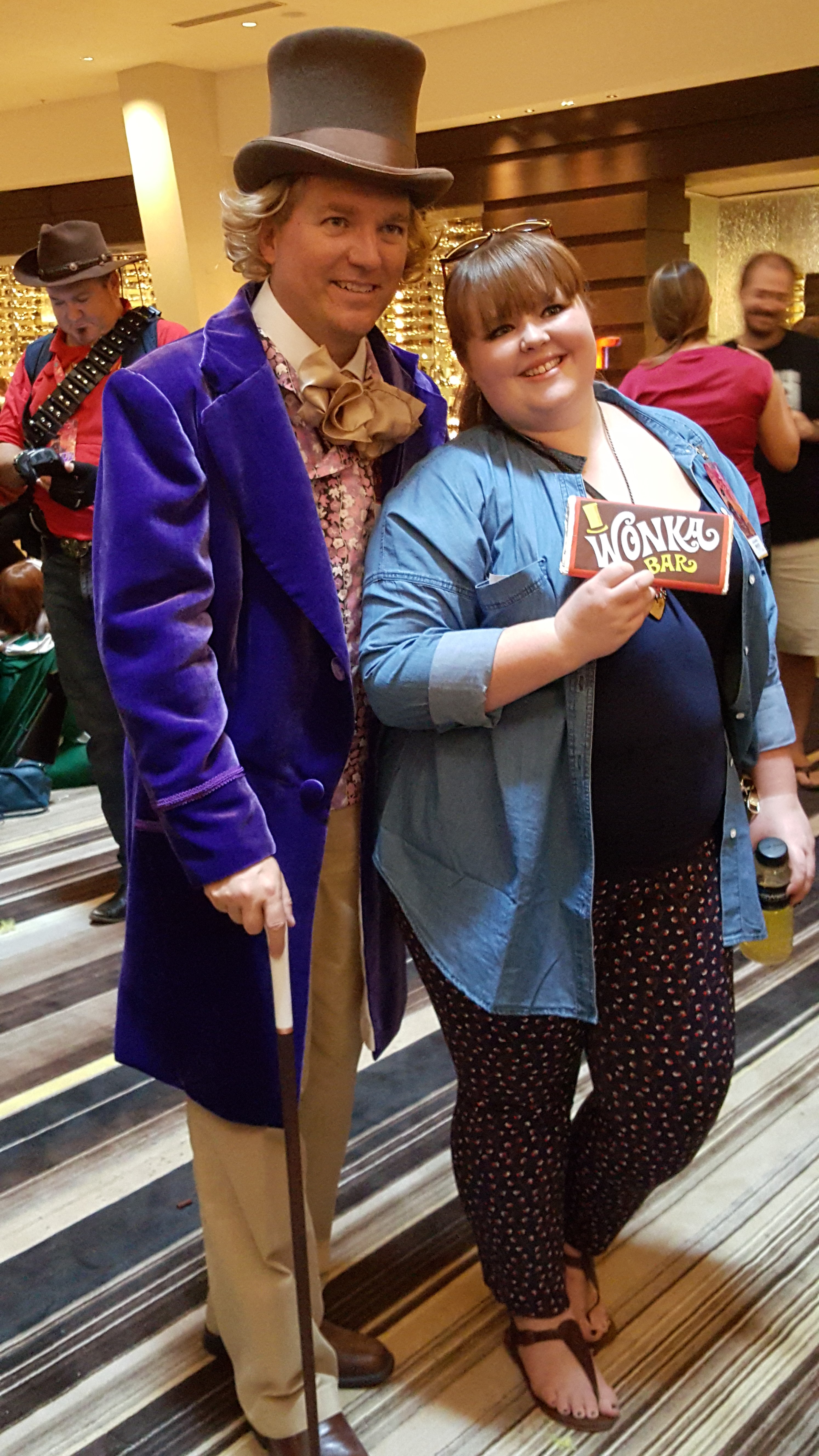 Me posing with a fan.  I gave her my handmade Wonka chocolate bar to hold as a prop.