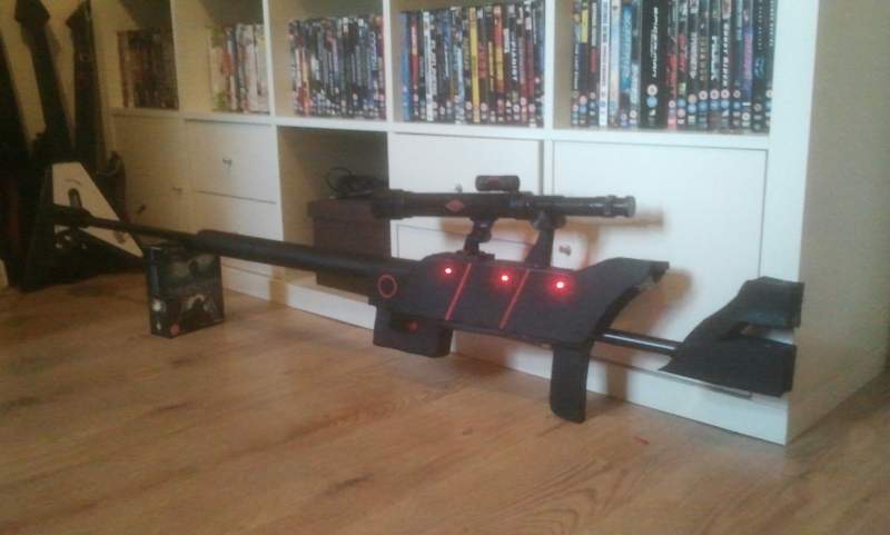 Sniper Rifle side view, for Mordecai Borderlands costume, Made from pvc piping, foam board, telescope, led's etc